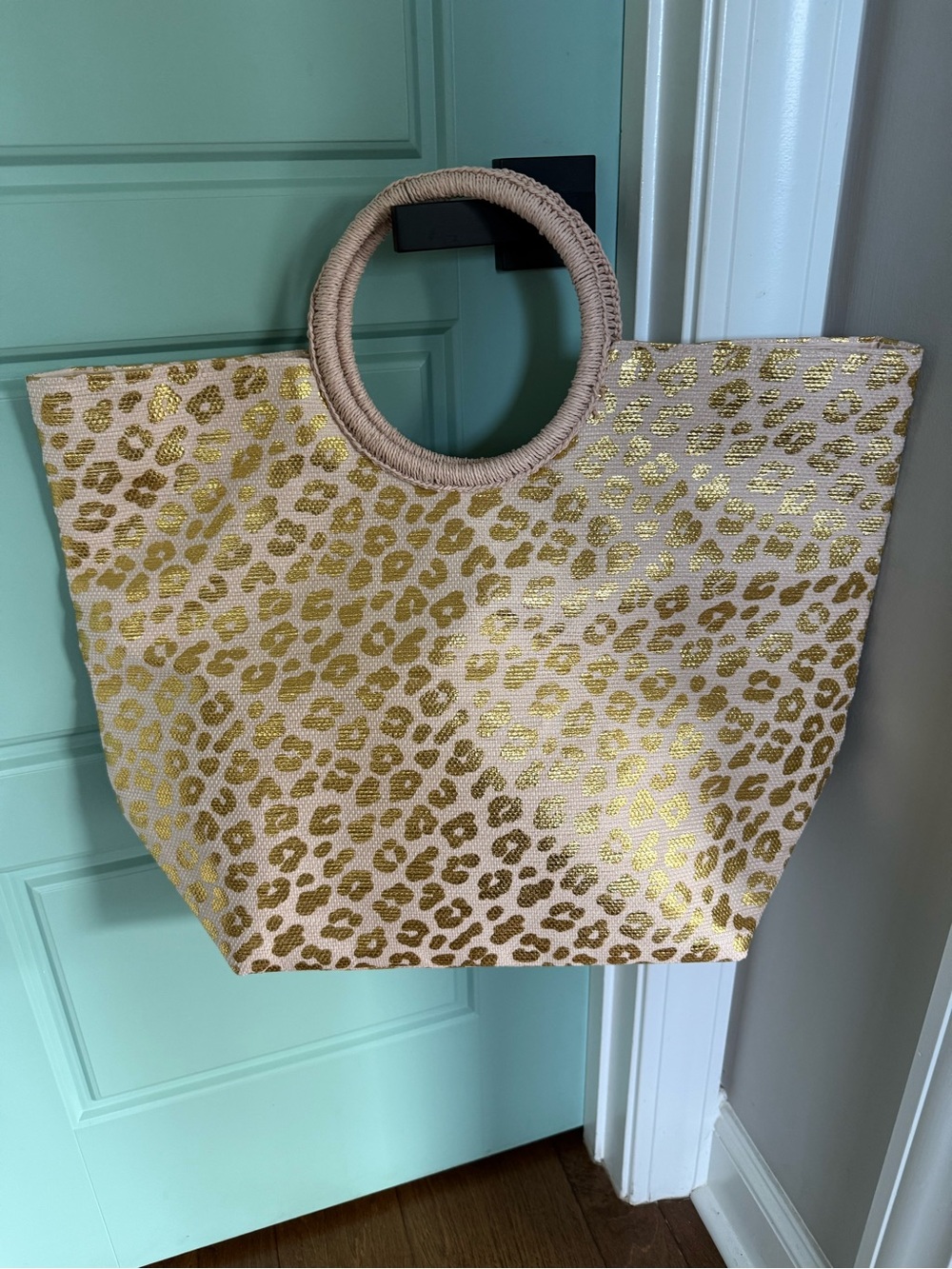 Shiraleah Chicago Gold Leopard Paper Straw Large Tote Bag Woven Handles